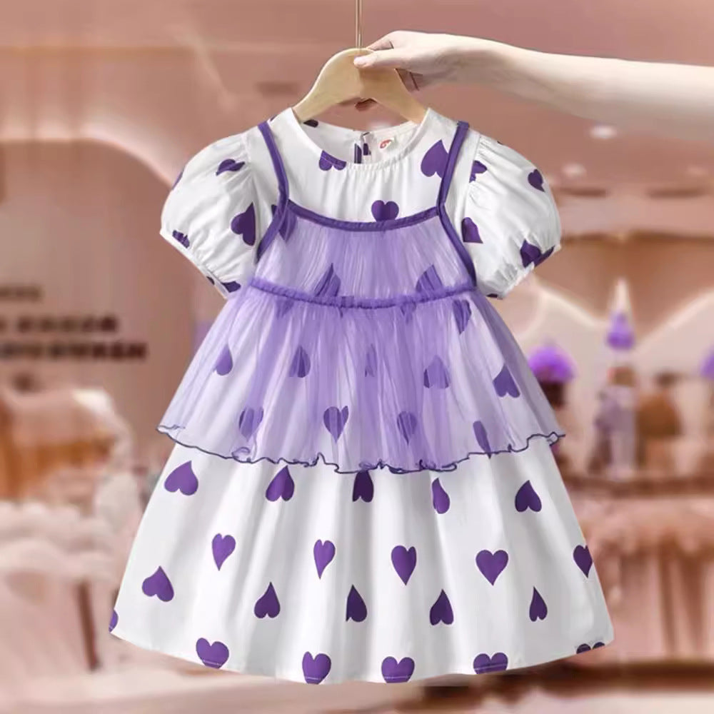 Summer Kids Girls Short Sleeves Heart Print Sweet Mesh Princess Dress