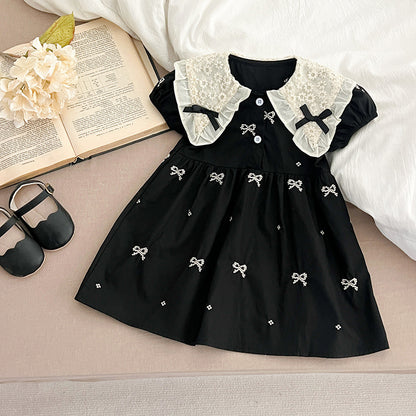 New Design Summer Baby Kids Girls Floral Pattern Collar Short Sleeves Bows Embroidery Onesies And Girls’ Dress – Princess Sister Matching Set