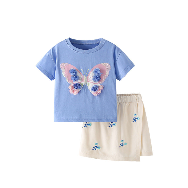 Summer Baby Kids Flowers and Butterfly Pattern T-shirt and Skirt Clothing Set for Girls, MyKids-USA®, Baby & Toddler Outfits, MyKids-USA - SIze/Age - 100 (2-3Y) - Color - Blue -  -  - TR2506201837-A