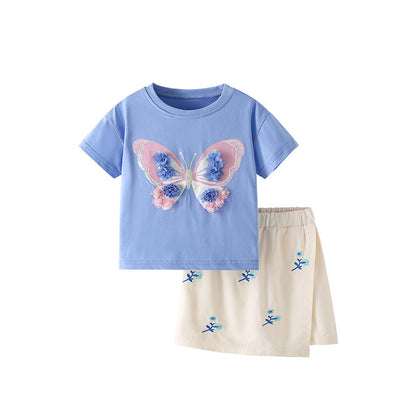 Summer Baby Kids Flowers and Butterfly Pattern T-shirt and Skirt Clothing Set for Girls, MyKids-USA®, Baby & Toddler Outfits, MyKids-USA - SIze/Age - 100 (2-3Y) - Color - Blue -  -  - TR2506201837-A