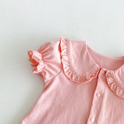 Design Summer Baby Kids Girls Short Sleeves Solid Color Pink Rompers