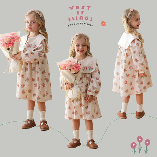 Design Autumn Girls Fashion Floral Long Sleeves Square Collar Dress, MyKids-USA®, Baby & Toddler Dresses, MyKids-USA -  -  -  -  -  -  - 