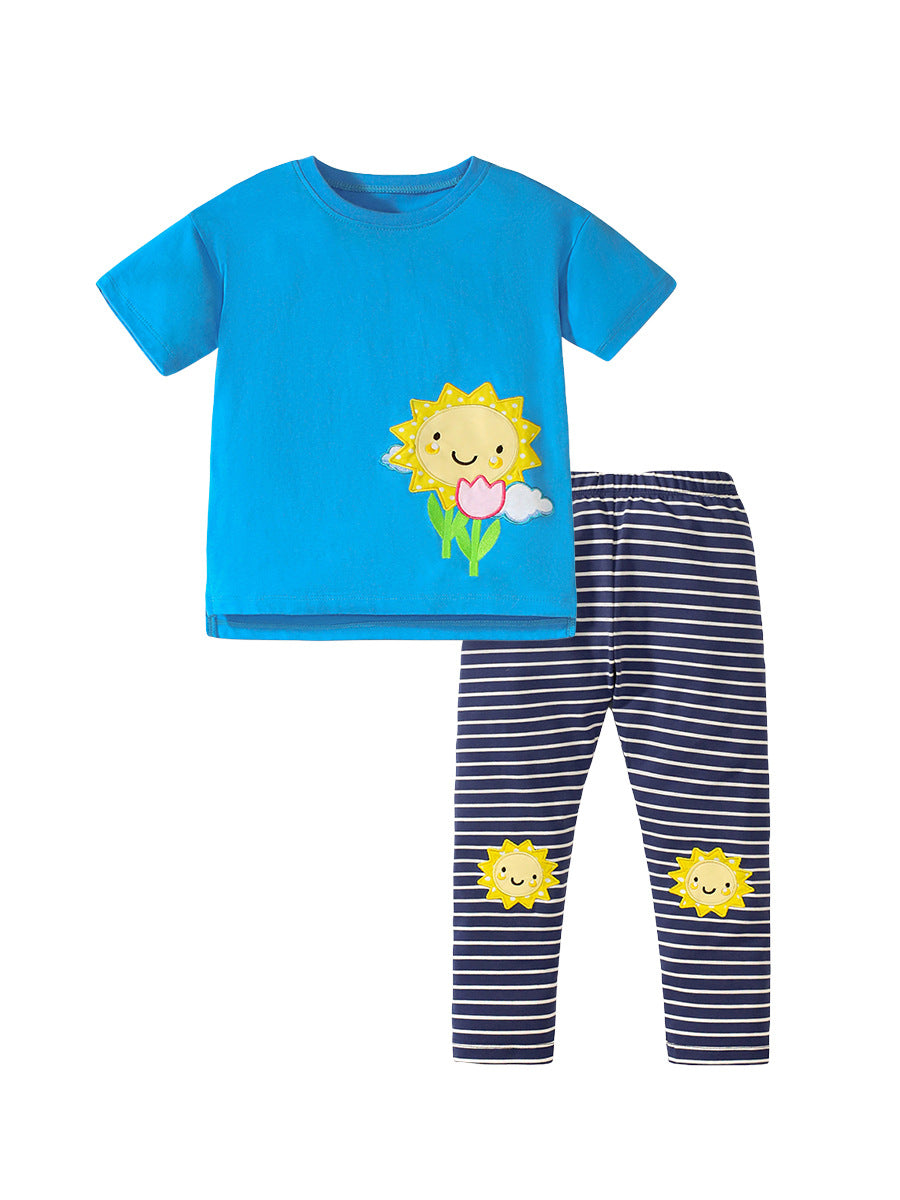 Summer Baby Kids Girls Sunflower Print Short Sleeves T-Shirt And Striped Pants Clothing Set