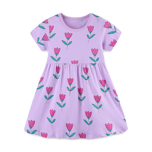 Summer Arrival Girls’ Purple Flowers Pattern Short Sleeves Dress, MyKids-USA®, Baby & Toddler Dresses, MyKids-USA - Size/Age - 90 (12-24M) - Color - Purple -  -  - TR2404062234-A