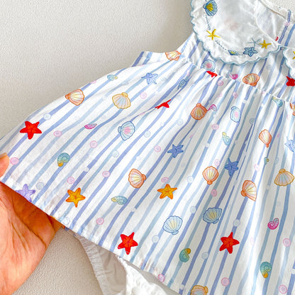 Design Summer Baby Kids Girls Sleeveless Marine Elements Pattern Bodysuit Dress