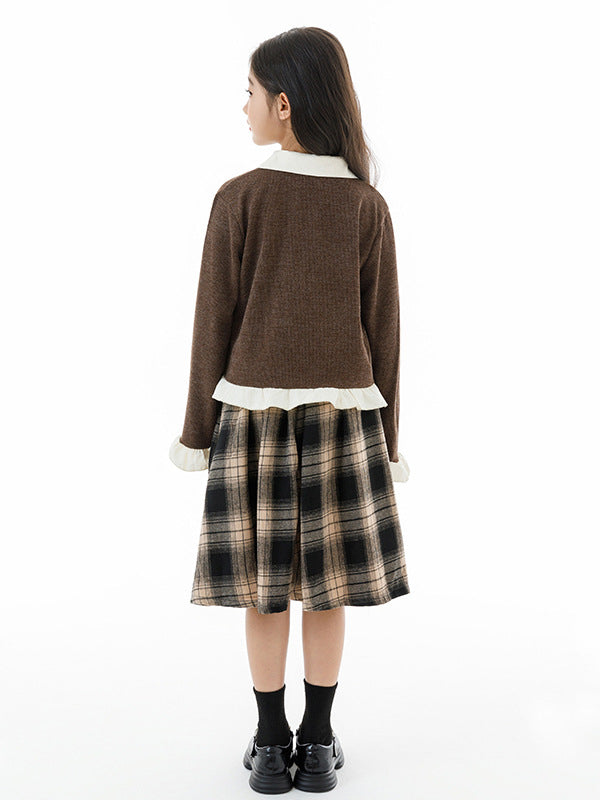 Arrival Autumn Kids Girls Long Sleeves Color Patchwork Cardigan and Plaid Skirt Clothing Set