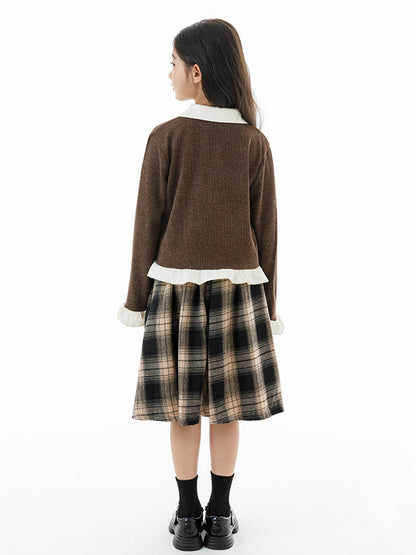 Arrival Autumn Kids Girls Long Sleeves Color Patchwork Cardigan and Plaid Skirt Clothing Set