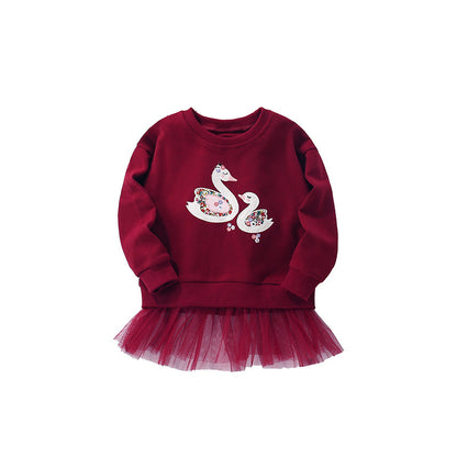 Autumn and Spring Arrival Cartoon Swans Pattern Long Sleeves Pullover with Tulle Decoration for Stylish Girls, MyKids-USA®, Sweaters, MyKids-USA - Size/Age - 100 (2-3Y) - Color - Red -  -  - TR2509252305-A