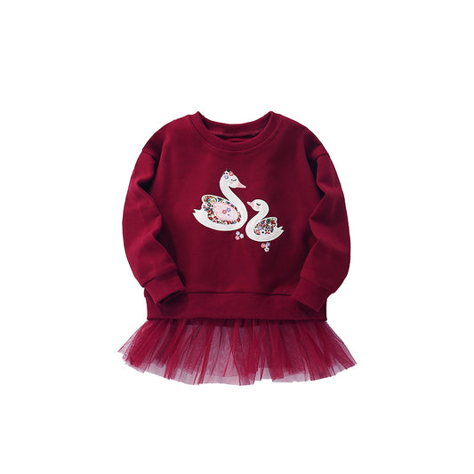 Autumn and Spring Arrival Cartoon Swans Pattern Long Sleeves Pullover with Tulle Decoration for Stylish Girls, MyKids-USA®, Sweaters, MyKids-USA - Size/Age - 100 (2-3Y) - Color - Red -  -  - TR2509252305-A
