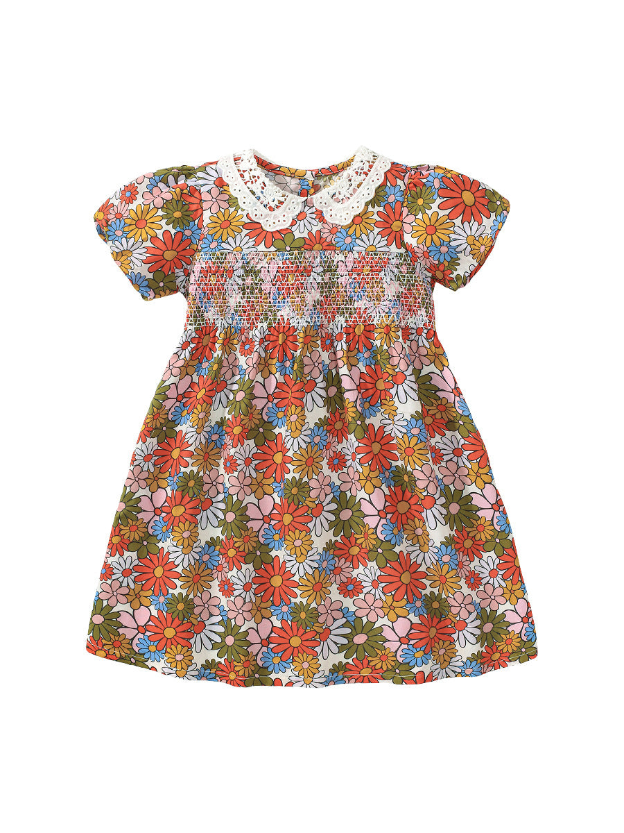 New Design Summer Girls Flowers Print Lace Collar Dress