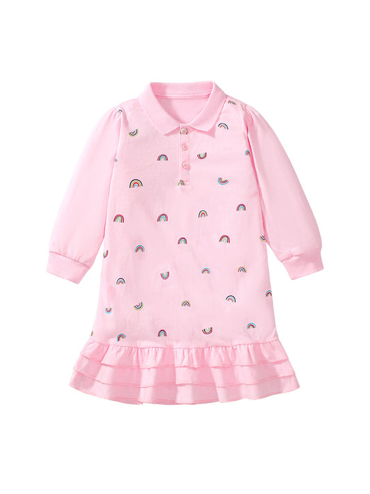 Spring And Fall Girls’ Rainbow Print Long Sleeves Polo Shirt Design Dress In European And American Style For Summer, MyKids-USA®, Baby & Toddler Dresses, MyKids-USA - Size/Age - 90 (12-24M) - Color - Pink -  -  - TR2407082302-A