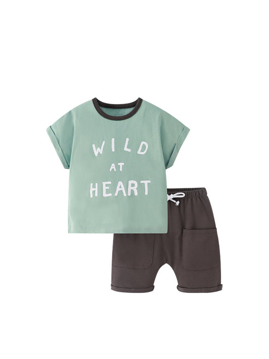 Baby And Kids Boys Words Print Short Sleeves Top And Shorts With Pockets Casual Clothing Set