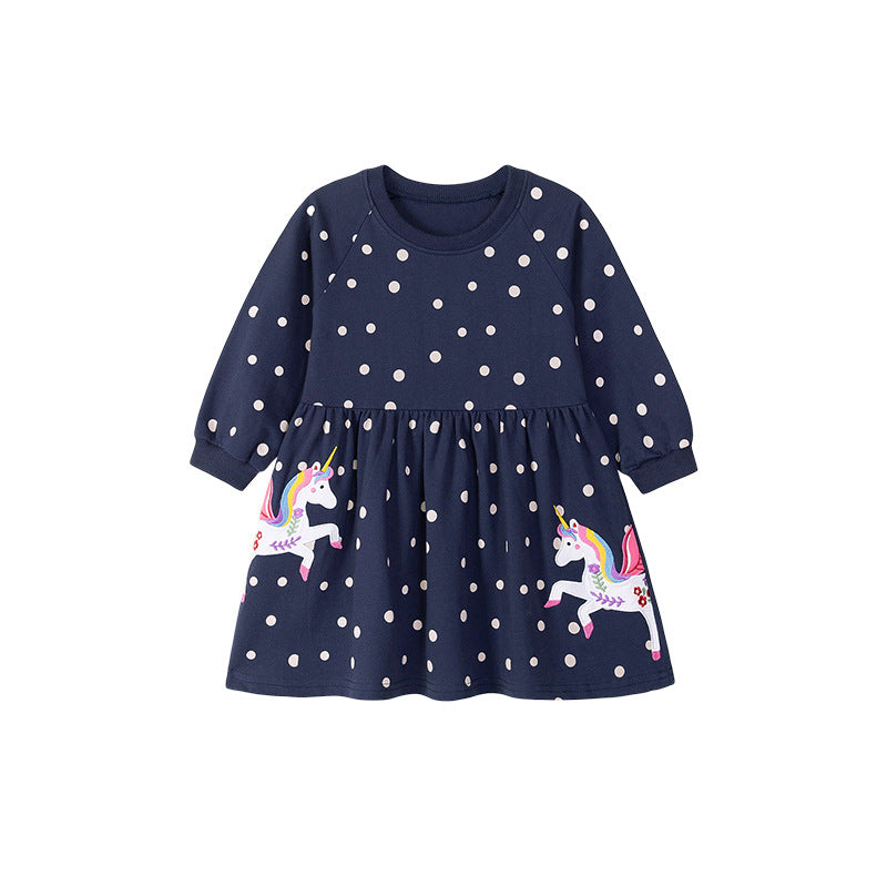 Autumn and Spring Arrival Unicorn Cartoon and Dots Pattern Long Sleeves Dress for Stylish Girls, MyKids-USA®, Baby & Toddler Dresses, MyKids-USA - Size/Age - 90 (12-24M) - Color - Navy Blue (Dark Blue) -  -  - TR2507252026-A