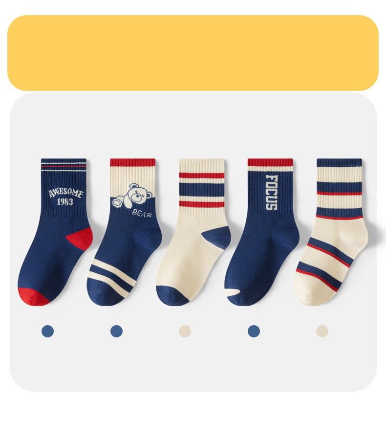 Autumn and Winter Arrival Baby Kids Boys and Girls Breathable Letters Pattern Socks 1 Lot=5-Pair Set, MyKids-USA®, Baby & Toddler Socks & Tights, MyKids-USA - Size/Age - M (3-5Y) - Color - Navy Blue (Dark Blue) -  -  - TR2511202346-D