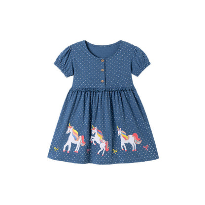 Summer Arrival Cartoon and Dots Pattern Short Sleeves Dress for Stylish Girls, MyKids-USA®, Baby & Toddler Dresses, MyKids-USA -  -  -  -  -  -  - .