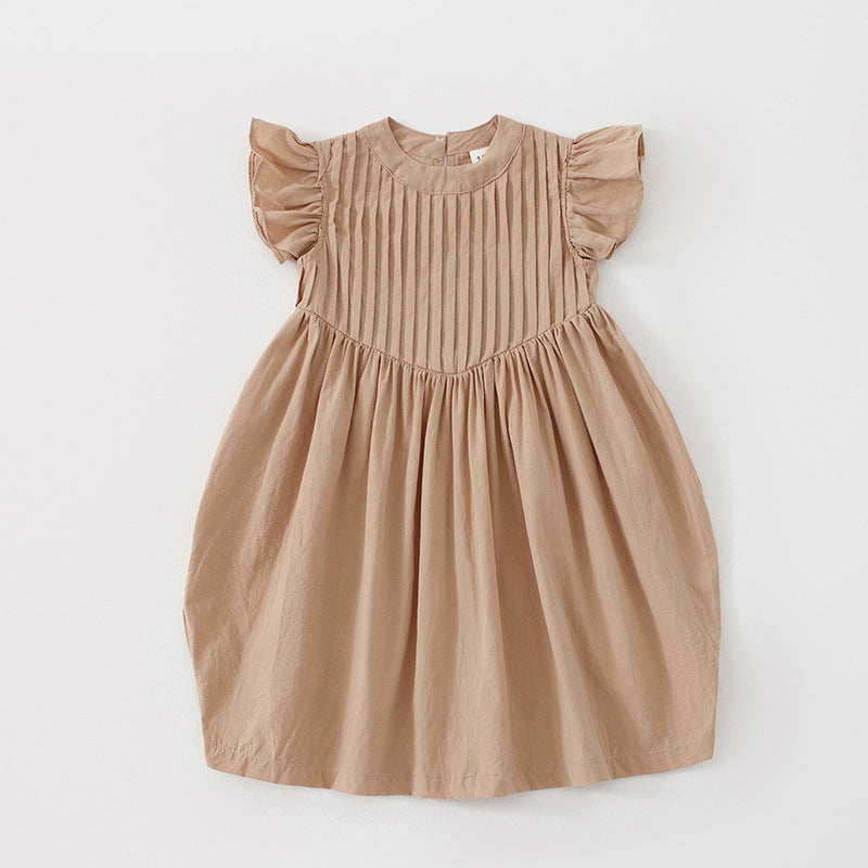 Summer Kids Girls French Style Vintage Solid Color Fly Sleeves Pleated Dress