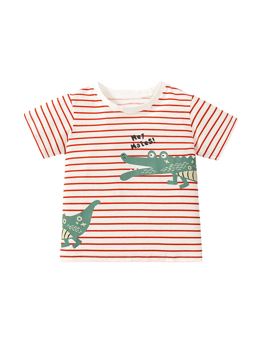 Alligator Cartoon Printing Unisex Kids Striped T-Shirt In European And American Style For Summer