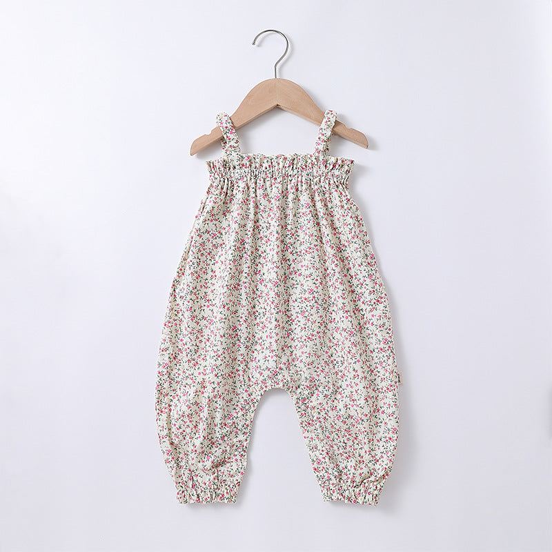 Summer Baby Girls Floral Printing Sleeveless Strap Romper And Hat Clothing Sets
