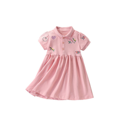 Summer Arrival Flowers and Hearts Pattern Short Sleeves Turn-down Collar Dress for Stylish Girls, MyKids-USA®, Baby & Toddler Dresses, MyKids-USA - Size/Age - 100 (2-3Y) - Color - Pink -  -  - TR2505202302-A