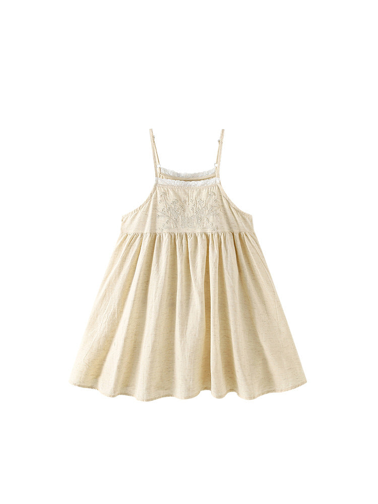Summer Baby Kids Girls Sleeveless Flowers Embroidery Pattern Lace Trim Dress