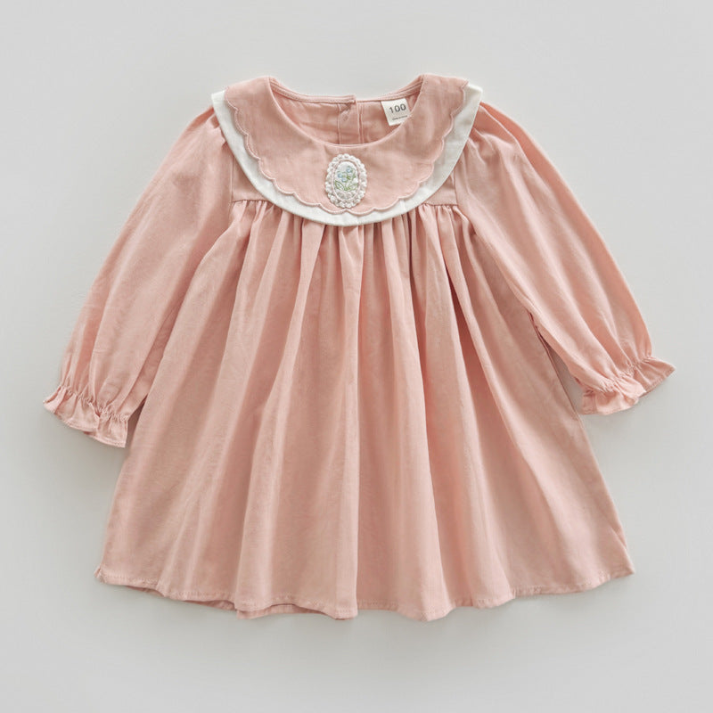 Simple Plain Autumn Girls Flower Embroidery Collar Long Sleeves French Style Dress, MyKids-USA®, Baby & Toddler Dresses, MyKids-USA - Size/Age - 90 (12-24M) - Color - Pink -  -  - TR2409100948-B