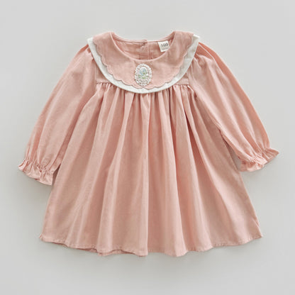 Simple Plain Autumn Girls Flower Embroidery Collar Long Sleeves French Style Dress, MyKids-USA®, Baby & Toddler Dresses, MyKids-USA - Size/Age - 90 (12-24M) - Color - Pink -  -  - TR2409100948-B
