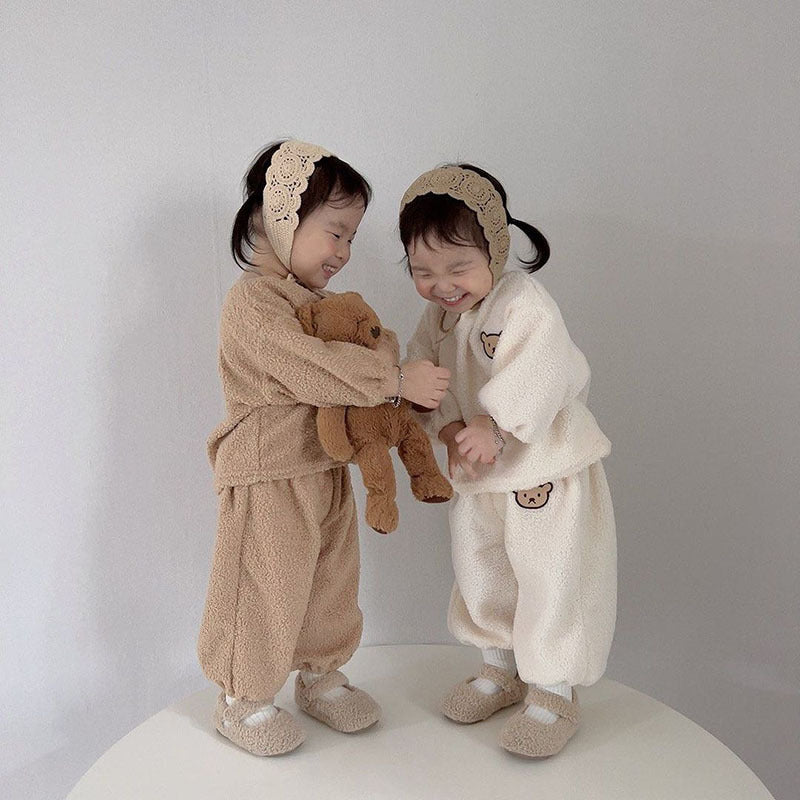 Winter Baby Kids Unisex Long Sleeves Casual Fluffy Teddy Bear Pattern Pullover and Pants Clothing Set