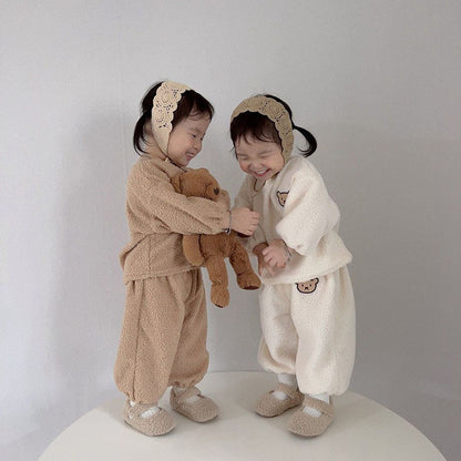 Winter Baby Kids Unisex Long Sleeves Casual Fluffy Teddy Bear Pattern Pullover and Pants Clothing Set