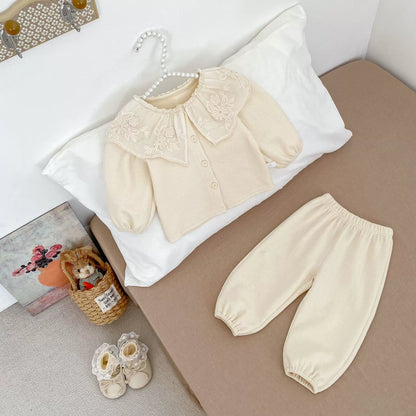 Spring and Autumn Kids Girls Embroidered Pattern Collar Long Sleeves Top Cardigan and Plain Pants Clothing Set, MyKids-USA®, Baby & Toddler Outfits, MyKids-USA - Size/Age - 73 (6-9M) - Color - Beige -  -  - TR2508242228-A