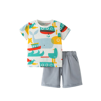 Summer Baby Kids Fish Cartoon Pattern T-shirt and Shorts Clothing Set for Boys, MyKids-USA®, Baby & Toddler Outfits, MyKids-USA - Size/Age - 100 (2-3Y) - Color - Yellow -  -  - TR2505062053-A