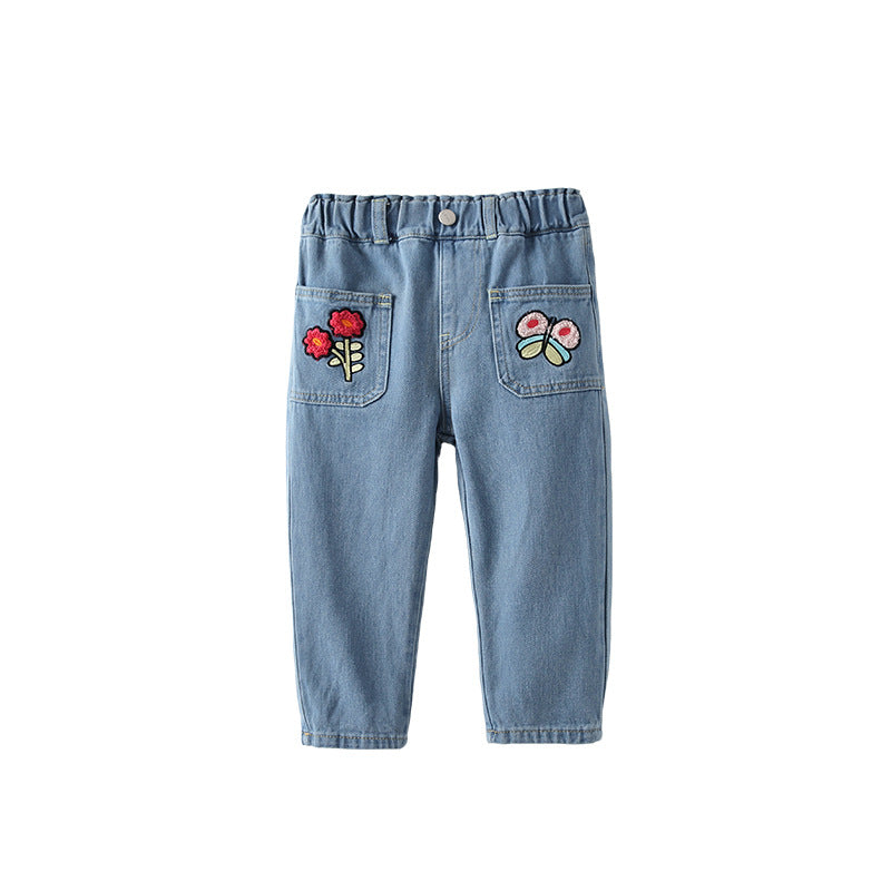 Arrival Autumn Baby Kids Girls Flowers Pattern Denim Pants, MyKids-USA®, Jeans, MyKids-USA - Size/Age - 100 (2-3Y) - Color - Blue -  -  - TR2509222259-A