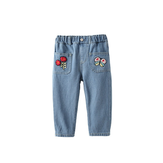 Arrival Autumn Baby Kids Girls Flowers Pattern Denim Pants, MyKids-USA®, Jeans, MyKids-USA - Size/Age - 100 (2-3Y) - Color - Blue -  -  - TR2509222259-A