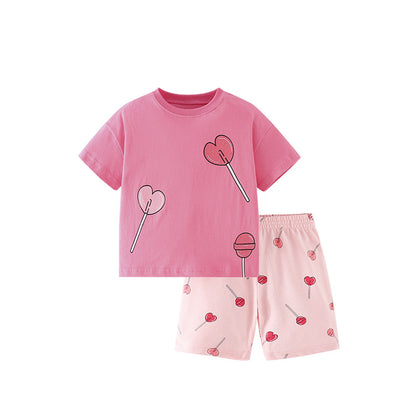Summer Baby Kids Cartoon Lollipops Pattern T-shirt and Shorts Clothing Set for Girls, MyKids-USA®, Baby & Toddler Outfits, MyKids-USA - Size/Age - 100 (2-3Y) - Color - Pink -  -  - TR2505211733-A