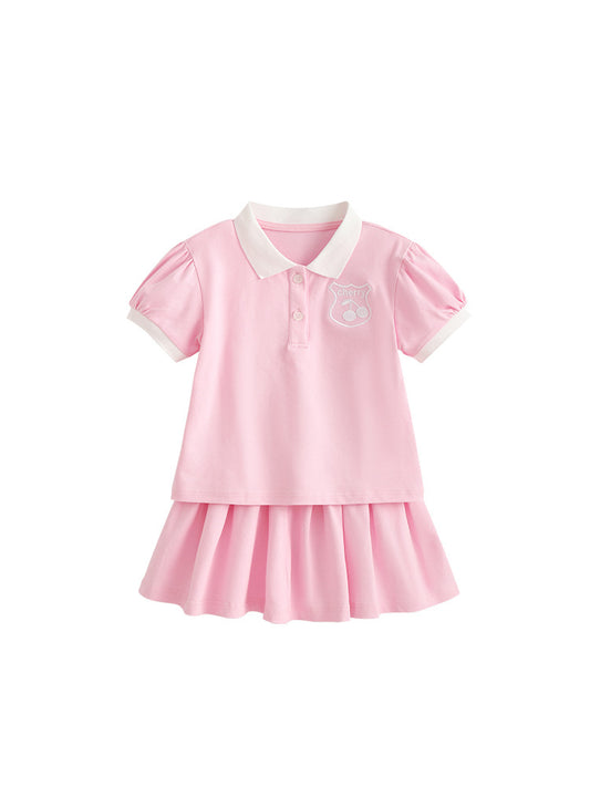 Arrival Summer Baby Kids Girls Short Sleeves Embroidered Pattern Polo Top and Pink Skirt Clothing Set