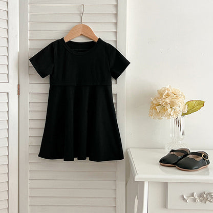 Summer Hot Selling Girls’ Solid Color Black Short Sleeves Slim Fit Dress