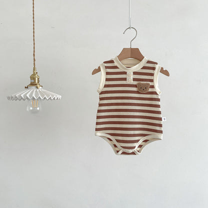 Summer Arrival Cheap Baby Unisex Casual Teddy Bear and Striped Pattern Sleeveless Onesies, MyKids-USA®, Baby One-Pieces, MyKids-USA - Size/Age - 66 (3-6M) - Color - Coffee -  -  - TR250616186-B