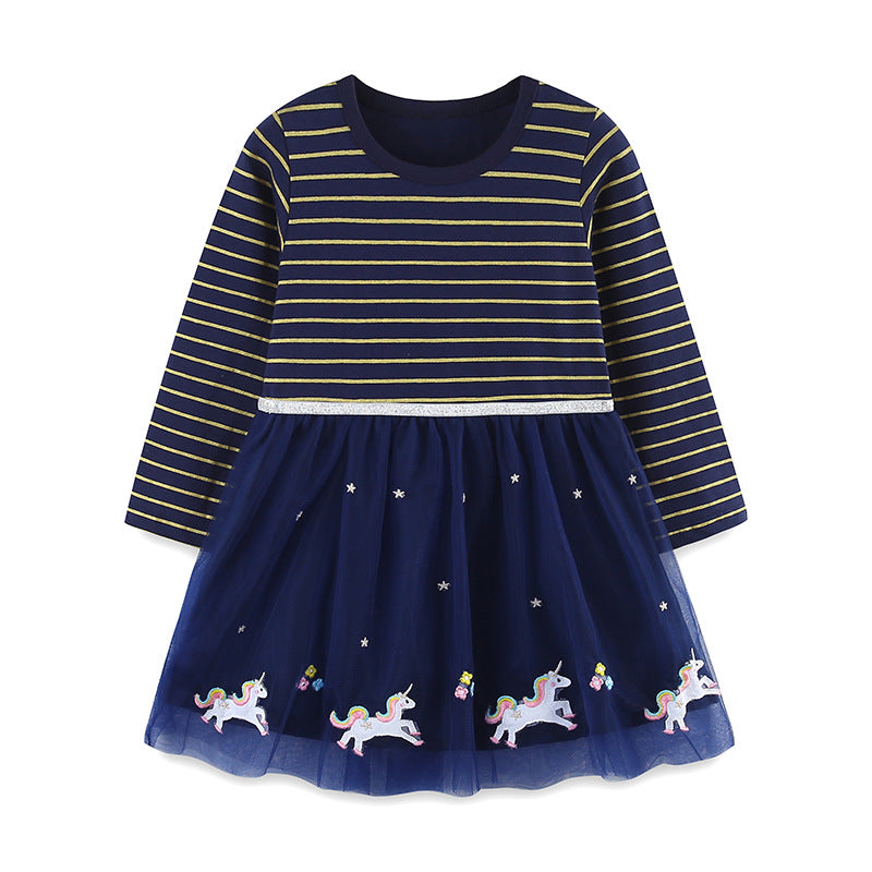 Autumn and Spring Arrival Striped Pattern Long Sleeves Tulle Patchwork Dress for Stylish Girls