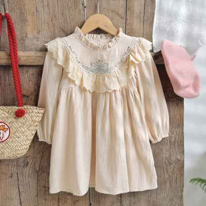 Design Autumn Girls Flowers and Bows Embroidery Ruffle Neck Long Sleeves French Style Dress, MyKids-USA®, Baby & Toddler Dresses, MyKids-USA - Size/Age - 90 (12-24M) - Color - Beige -  -  - TR2409100956-A