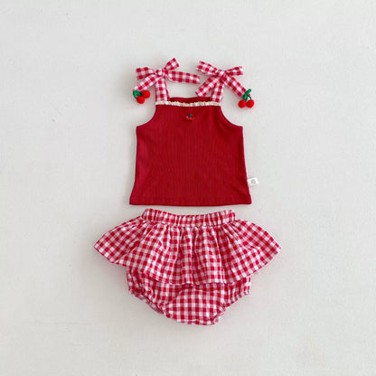 Summer Hot Selling Baby Kids Girls Sleeveless Plaid Pattern Top Vest and Bloomers Clothing Set, MyKids-USA®, Baby & Toddler Outfits, MyKids-USA - Size/Age - 73 (6-9M) - Color - Red -  -  - TR2506171705-A