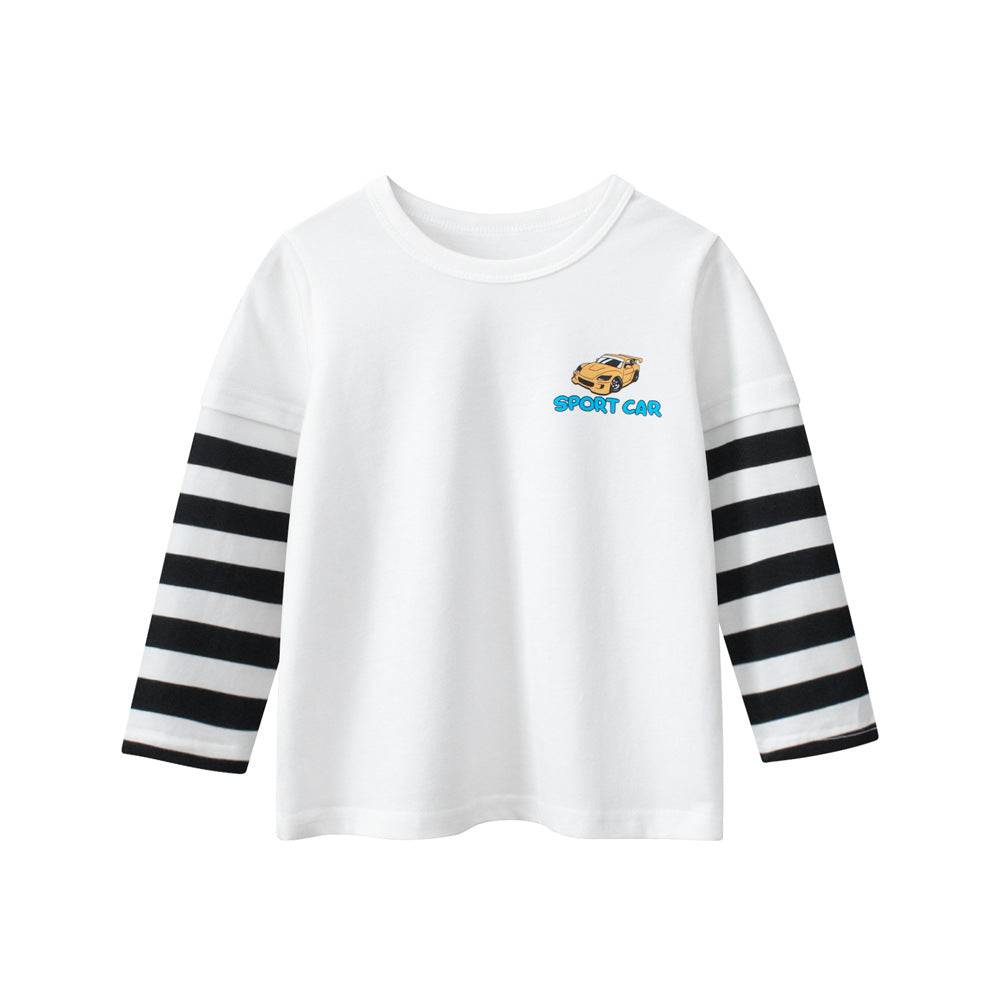 Autumn Baby Kids Boys Letters and Cartoon Print Striped Long Sleeves Crew Neck Color Patchwork Top Shirt, MyKids-USA®, Baby & Toddler Tops, MyKids-USA - Size/Age - 90 (12-24M) - Color - White -  -  - TR2508132129-A