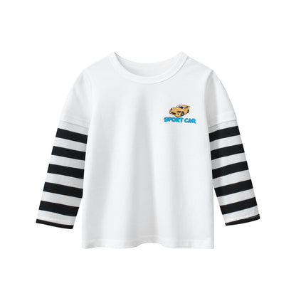 Autumn Baby Kids Boys Letters and Cartoon Print Striped Long Sleeves Crew Neck Color Patchwork Top Shirt, MyKids-USA®, Baby & Toddler Tops, MyKids-USA - Size/Age - 90 (12-24M) - Color - White -  -  - TR2508132129-A