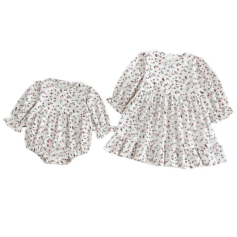 Spring Baby Girls French-style Floral Print Long-sleeved Onesies and Dress – Princess Sister Matching Set, MyKids-USA®, Baby & Toddler Outfits, MyKids-USA -  -  -  -  -  -  - 