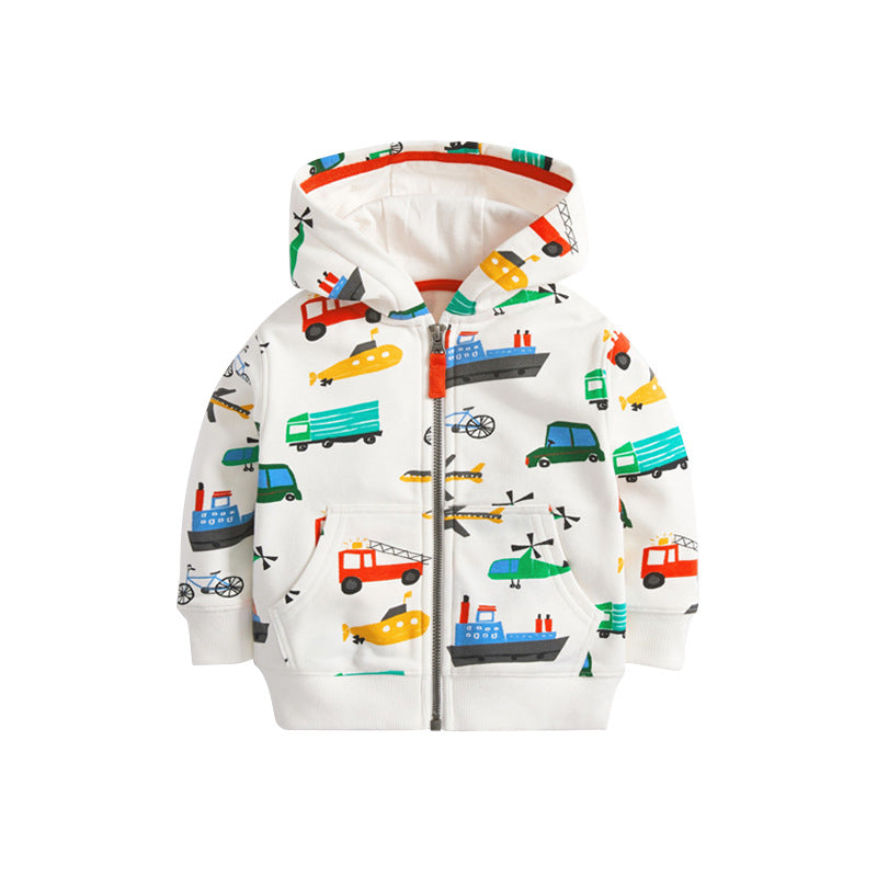 Boys’ Outerwear: Hooded Zip-Up Transportation Cartoon Pattern Coat With Long Sleeves For Children
