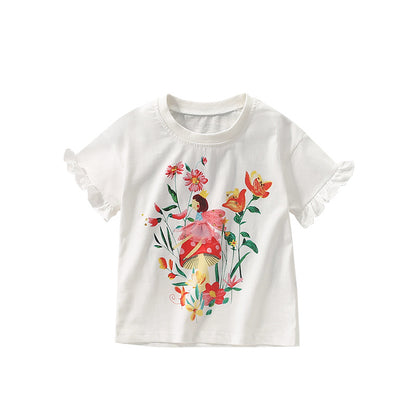 Summer Arrival Girls’ Flowers and Cartoon Pattern Short Sleeves T-shirt in European and American Style, MyKids-USA®, T-Shirts, MyKids-USA - Size/Age - 100 (2-3Y) - Color - White -  -  - TR2506231903-A