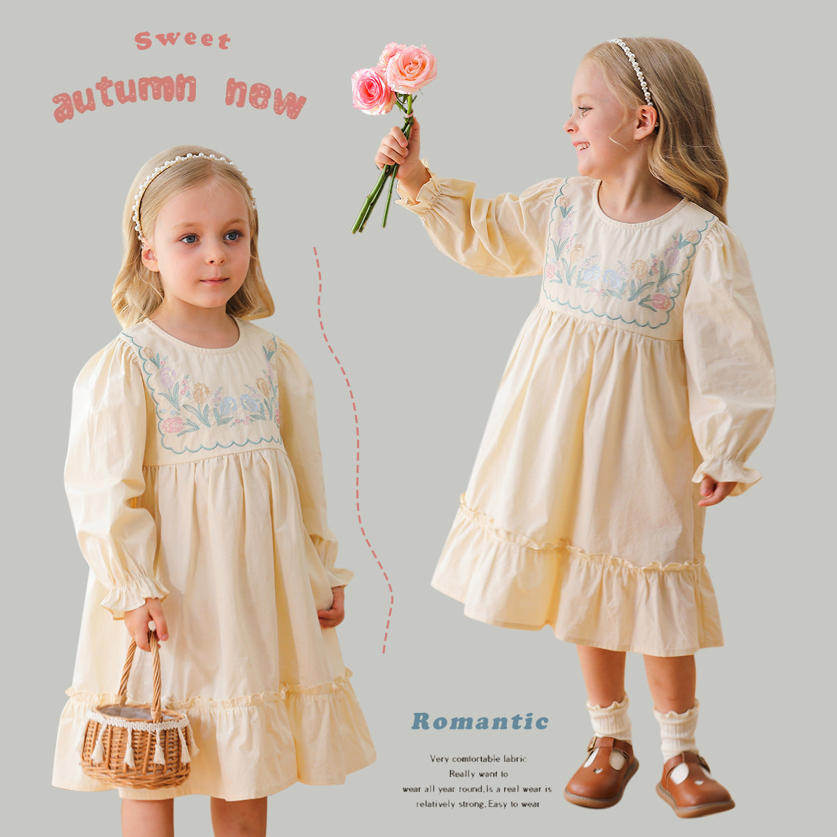 Arrival Autumn Girls French Style Crew Neck Long Sleeves Floral Embroidery Pattern Dress, MyKids-USA®, Baby & Toddler Dresses, MyKids-USA -  -  -  -  -  -  - 