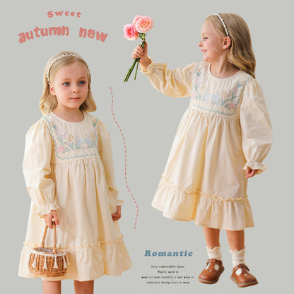 Arrival Autumn Girls French Style Crew Neck Long Sleeves Floral Embroidery Pattern Dress, MyKids-USA®, Baby & Toddler Dresses, MyKids-USA -  -  -  -  -  -  - 