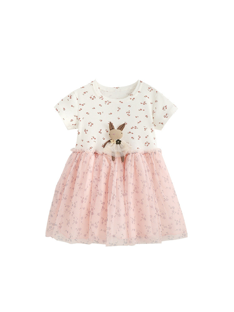 Summer Baby Kids Girls Short Sleeves Flowers Pattern Color Patchwork Tulle Dress