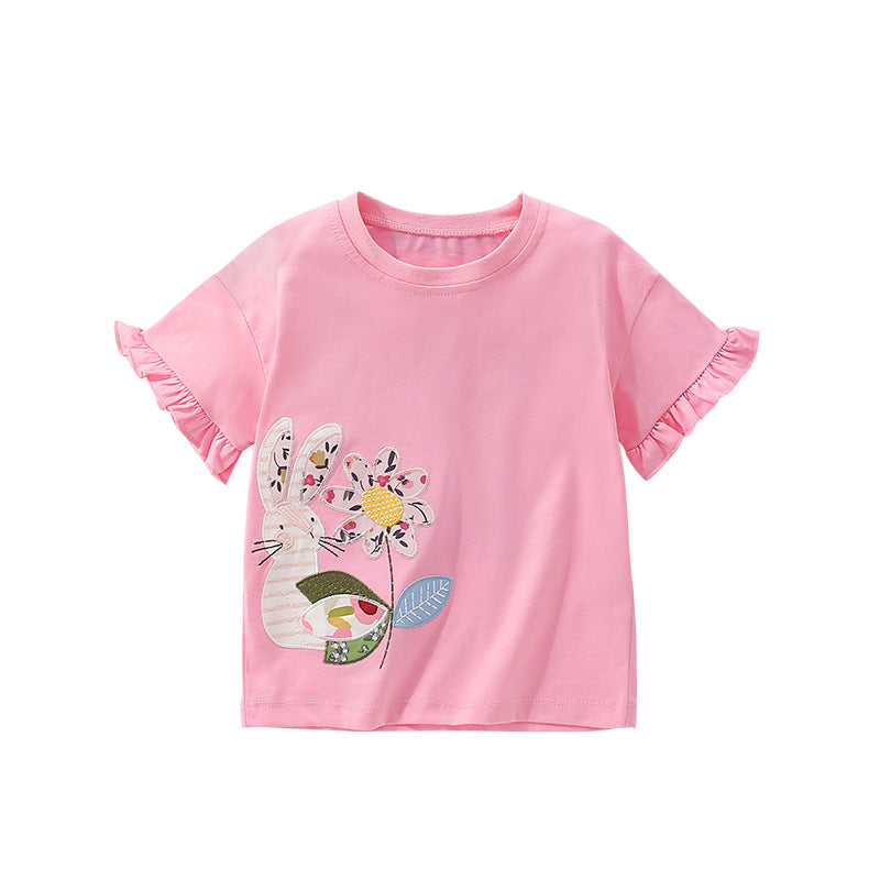 Summer Arrival Girls’ Flowers and Rabbit Pattern Short Sleeves T-shirt in European and American Style, MyKids-USA®, T-Shirts, MyKids-USA - Size/Age - 100 (2-3Y) - Color - Pink -  -  - TR2506291657-A
