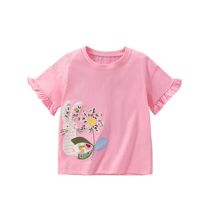 Summer Arrival Girls’ Flowers and Rabbit Pattern Short Sleeves T-shirt in European and American Style, MyKids-USA®, T-Shirts, MyKids-USA - Size/Age - 100 (2-3Y) - Color - Pink -  -  - TR2506291657-A