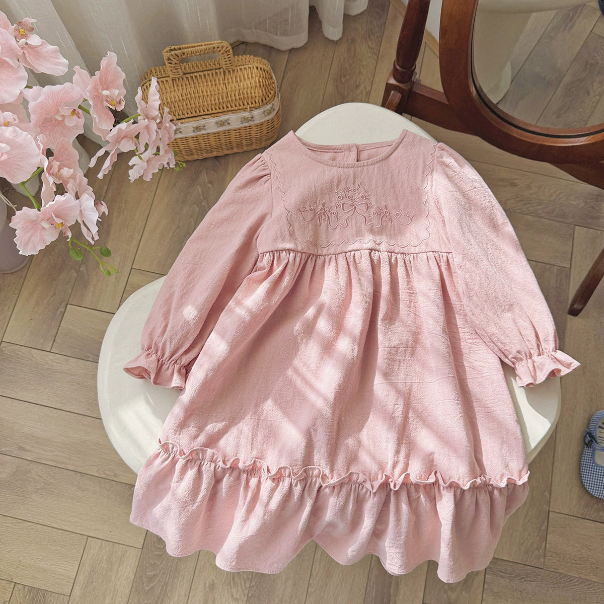 Arrival Autumn Girls Flowers and Butterfly-bow Embroidery Pattern Long Sleeves Crew Neck Dress, MyKids-USA®, Baby & Toddler Dresses, MyKids-USA - Size/Age - 90 (12-24M) - Color - Pink -  -  - TR2508112149-B